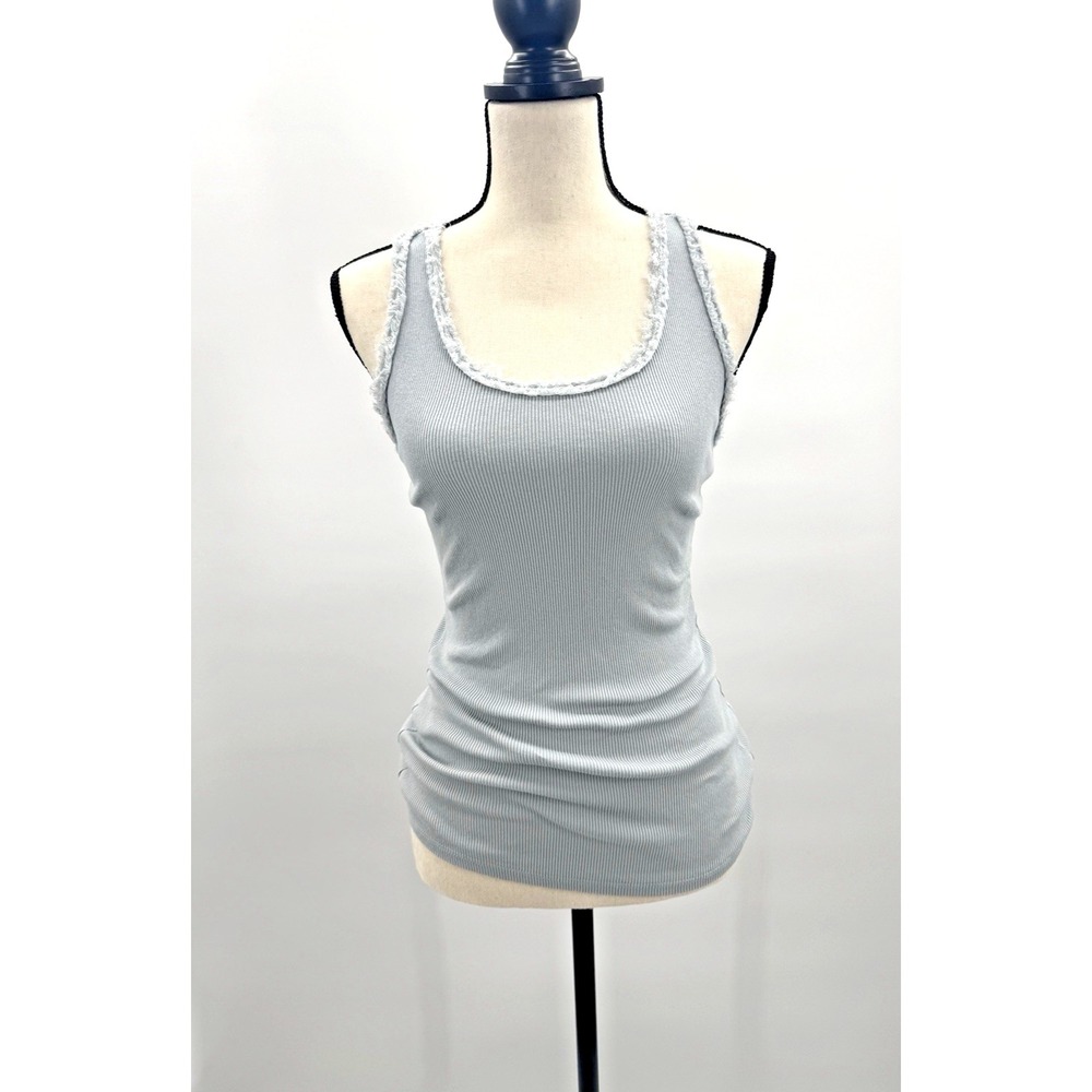 Marisima Tank Top OS Ribbed Razor Back Italy Eyelash Sequin Trim Scoop Coastal